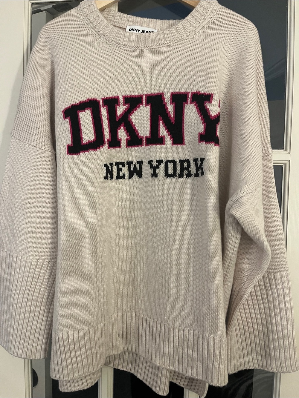 DKNY Cream Crewneck Sweater with Black and Pink Logo. 2X